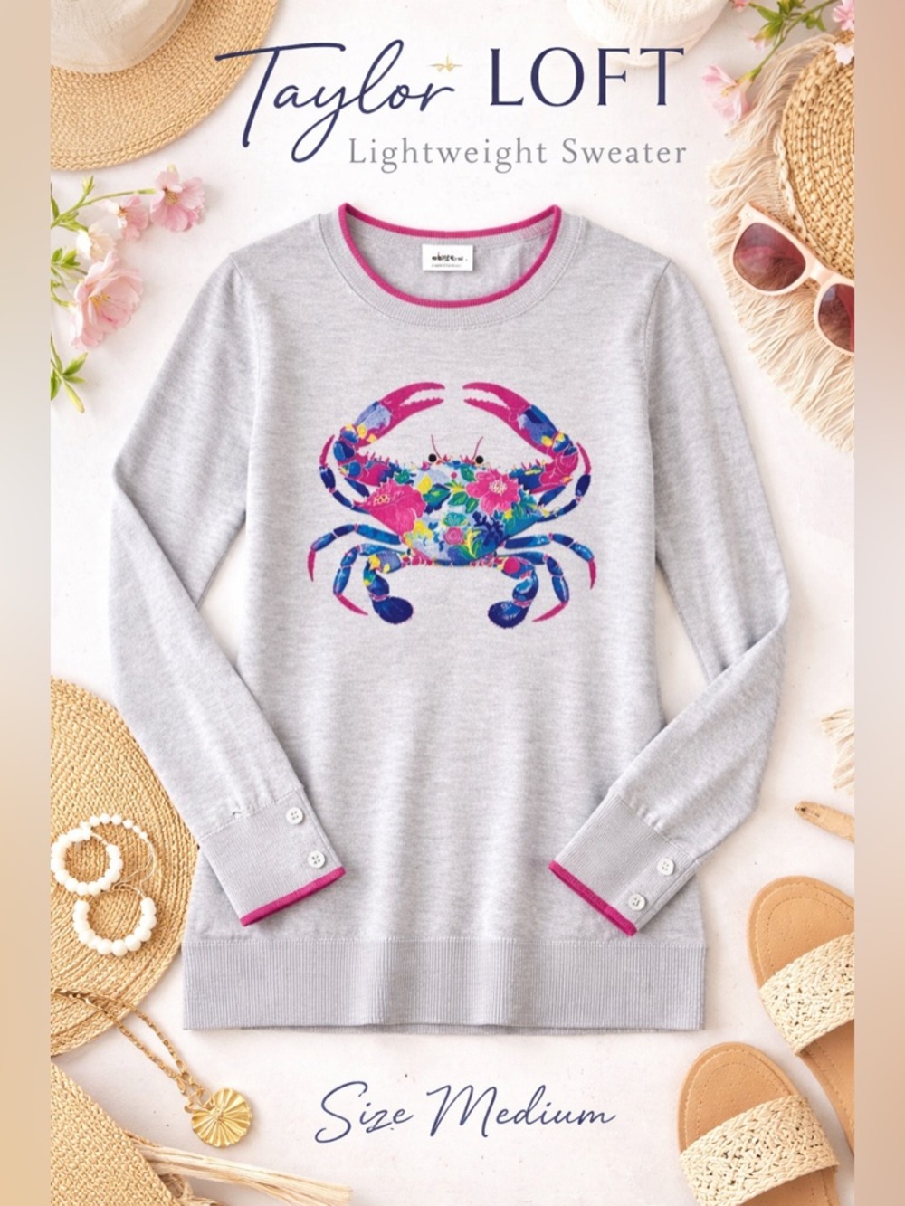 LOFT Gray Sweater with Multicolor Floral Crab Graphic